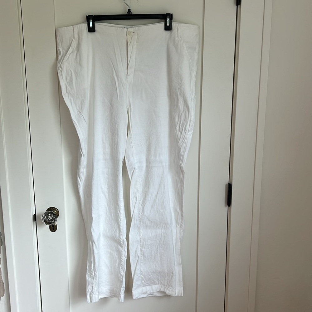 🕶️NYDJ White Linen Marilyn Pants Size 16 Straight Leg Button Zipper Coastal Chic - Picture 2 of 5